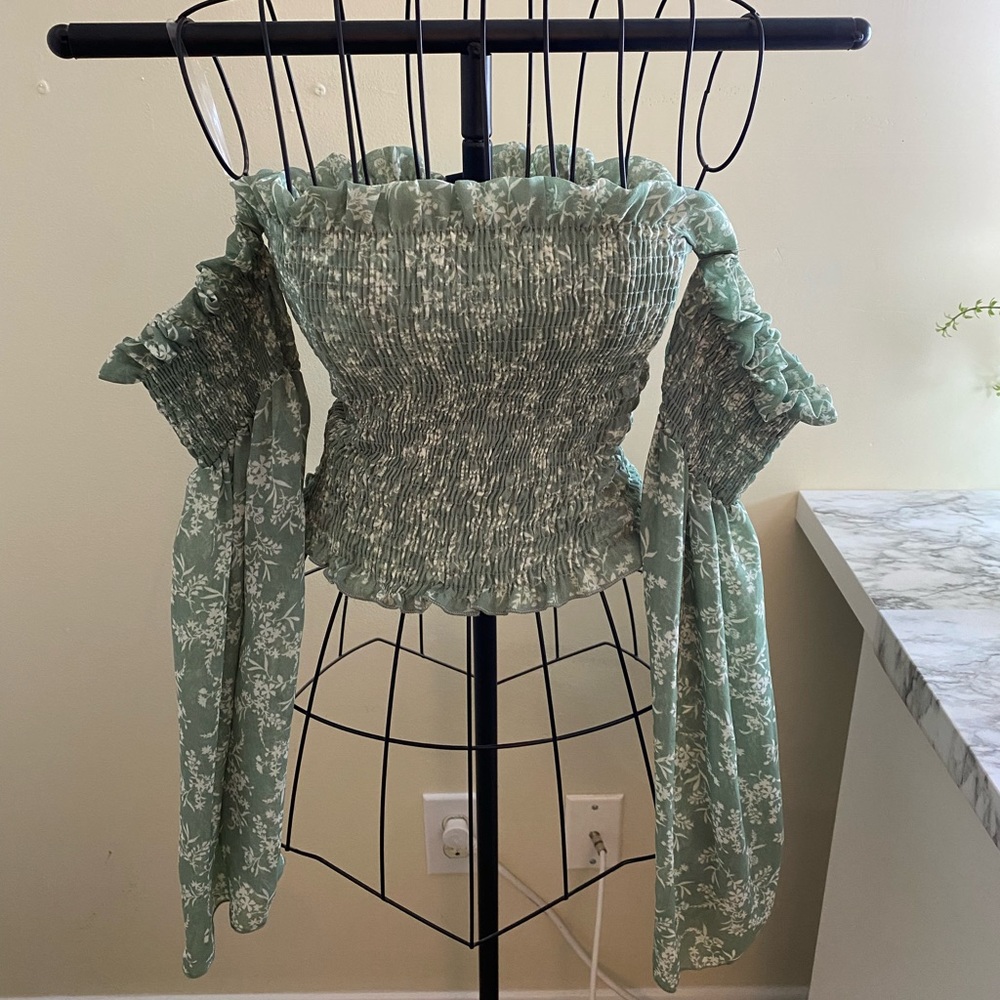 Sage off shoulder top with flowy sleeves